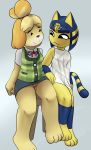  absurd_res animal_crossing ankha_(animal_crossing) anthro black_eyes blonde_hair blue_hair breasts canid canine canis clothing domestic_cat domestic_dog duo egyptian felid feline felis female fur hair hi_res isabelle_(animal_crossing) izzyrain mammal nintendo ribbons shih_tzu striped_tail stripes toy_dog video_games yellow_body yellow_fur 