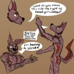  age_difference anthro briznaburr canid canine clothed clothing dacred_excalgier dialogue fur fur_markings fur_pattern hi_res humanoid humor hybrid male mammal markings sketch solo topless young younger_male 