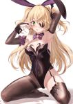  1girl @_@ adapted_costume animal_ears arm_behind_head armpits arms_up bae.c bare_shoulders black_choker black_leotard blonde_hair blush bow bowtie breasts bridal_gauntlets brown_legwear bunny_ears choker eyepatch fake_animal_ears fischl_(genshin_impact) garter_straps genshin_impact green_eyes hair_ornament hair_over_one_eye hairband highleg highleg_leotard highres kneeling leotard long_hair looking_at_viewer no_shoes pantyhose parted_lips playboy_bunny simple_background single_leg_pantyhose single_thighhigh small_breasts solo strapless strapless_leotard thighband_pantyhose thighhighs thighs two_side_up white_background wrist_cuffs 