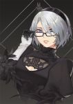  1girl black-framed_eyewear black_blindfold black_gloves blindfold blue_eyes breasts cleavage cleavage_cutout clothing_cutout feather-trimmed_sleeves feather_trim glasses gloves grey_hair hairband ian_olympia mole mole_under_mouth nier_(series) nier_automata parted_lips puffy_sleeves short_hair solo turtleneck upper_body yorha_no._2_type_b 