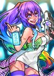  1girl bare_shoulders blue_eyes blurry blurry_background borrowed_character breasts bright_pupils cleavage commentary commission depth_of_field detached_collar dress english_commentary english_text fingernails gun hair_between_eyes hands_up holding holding_gun holding_weapon large_breasts long_fingernails long_hair looking_at_viewer middle_finger multicolored multicolored_eyes multicolored_hair nail_polish open_mouth original outline panties pantyshot pink_pupils ponytail purple_hair purple_legwear purple_nails rainbow_hair rowen_montera scar see-through sharp_fingernails sharp_teeth short_dress solo strapless strapless_dress striped striped_legwear striped_panties symbol-shaped_pupils teeth thighhighs tongue tongue_out trigger_discipline underwear v-shaped_eyebrows very_long_hair weapon white_dress 