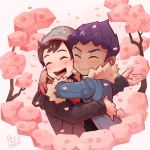  2boys bangs beanie blush bo9_(bo9_nc) brown_hair cable_knit closed_eyes closed_mouth commentary_request dated eyelashes fur-trimmed_jacket fur_trim grey_headwear hat highres hop_(pokemon) hug jacket long_sleeves male_focus multiple_boys open_mouth pokemon pokemon_(game) pokemon_swsh purple_hair signature smile teeth tongue victor_(pokemon) wavy_mouth 