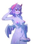  1girl :d black_sclera blue_skin blush bow_(bhp) breasts censored demon_girl demon_wings erection fang futanari hand_up horns looking_at_viewer medium_breasts mosaic_censoring navel nipples nude open_mouth original penis purple_hair purple_skin pussy simple_background skin_fang smile solo what white_background wings yellow_eyes 