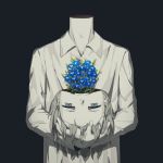  1boy avogado6 black_border blue_eyes blue_flower border collared_shirt decapitation disembodied_head flower long_sleeves looking_at_viewer original plant potted_plant shirt solo upper_body white_shirt wing_collar 