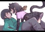  2girls animal_ears black_hair black_jaguar_(kemono_friends) black_legwear black_neckwear black_skirt blue_hoodie blush bow bowtie commentary_request denim elbow_gloves extra_ears eyebrows_visible_through_hair food food_in_mouth gloves hood hoodie jaguar_ears jaguar_girl jaguar_print jaguar_tail jeans kemono_friends kemono_friends_3 lying multiple_girls on_back pants pocky pocky_kiss print_gloves print_legwear print_neckwear print_skirt purple_shirt red_eyes shirt short_hair skirt tail thighhighs tmtkn1 yuri zettai_ryouiki 