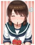  ! 1girl bangs blush border brown_hair candy chocolate closed_eyes collarbone collared_shirt eyebrows_visible_through_hair food food_in_mouth hayashi_naoharu highres holding holding_food incoming_kiss kantai_collection looking_at_viewer low_twintails mouth_hold neckerchief parted_bangs pink_background pocky pocky_day pocky_kiss school_uniform serafuku shared_food shirayuki_(kantai_collection) shirt short_sleeves short_twintails solo striped striped_background twintails white_border 