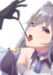  1girl absurdres arm_up bangs bare_shoulders black_gloves choker commentary_request detached_sleeves food fuurin_restia genshin_impact gloves heart highres holding holding_food keqing long_hair looking_at_viewer open_mouth pocky purple_choker purple_eyes silver_hair simple_background solo tassel tongue tongue_out upper_body white_background 