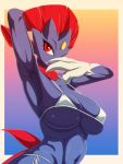  3:4 anthro bikini breasts claws clothed clothing fangs female fluffy fluffy_tail hair hi_res multicolored_body nintendo open_mouth open_smile partially_clothed pok&eacute;mon pok&eacute;mon_(species) purple_body q_wed red_eyes red_hair simple_background smile solo swimwear two_tone_body video_games weavile white_body 