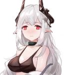  1girl arknights bangs bare_shoulders black_bra black_choker bra breasts choker cleavage commentary_request horns long_hair looking_at_viewer medium_breasts mudrock_(arknights) pointy_ears qianzhu red_eyes silver_hair simple_background solo underwear upper_body white_background 