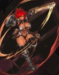  1girl armor armored_boots ass_visible_through_thighs beltbra bikini bikini_armor black_gloves black_legwear boots breasts curvy dark_skin elbow_gloves gauntlets gloves gurimjang highres holding holding_shield holding_sword holding_weapon large_breasts looking_at_viewer navel original red_hair revealing_clothes sheath shield short_hair smile solo spiked_hair stomach swimsuit sword thick_thighs thigh_boots thighhighs thighs weapon yellow_eyes 