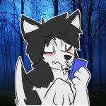  1:1 anthro black_body black_eyeshadow black_fur black_hair blue_eyes blush bridge_piercing canid canine canis cellphone cross domestic_dog drak_melodias_(artist) emo_hair emo_haircut emo_hairstyle eyeshadow facial_piercing fur glowing hair husky makeup male mammal nordic_sled_dog nose_piercing phone piercing rivey_ravenheart septum_piercing solo spitz telegram_stickers white_body white_fur 