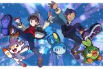 2boys bangs beanie brown_eyes brown_footwear brown_hair cable_knit clenched_teeth commentary_request dark_skin dark_skinned_male fur-trimmed_jacket fur_trim gen_8_pokemon grey_headwear grookey hat holding holding_poke_ball hop_(pokemon) jacket looking_at_viewer male_focus moti_(m0cch1m0) multiple_boys open_mouth plaid poke_ball poke_ball_(basic) pokemon pokemon_(creature) pokemon_(game) pokemon_swsh purple_hair red_shirt scorbunny shirt shoes short_hair smile sobble spread_fingers star_(symbol) starter_pokemon_trio swept_bangs teeth tongue victor_(pokemon) yellow_eyes 