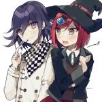  !! 1boy artist_name bangs black_headwear black_jacket black_shirt blush brown_eyes checkered checkered_scarf collared_shirt commentary_request dalrye_v3 danganronpa double-breasted food gasp gem grin hair_between_eyes hair_ornament hairclip hand_up hands_up hat jacket long_sleeves looking_at_another new_danganronpa_v3 open_mouth ouma_kokichi pleated_skirt pocky pocky_day purple_eyes purple_hair red_hair red_skirt scarf school_uniform shirt short_hair simple_background skirt smile teeth teeth_hold twitter_username white_background white_shirt witch_hat yumeno_himiko 
