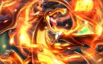  aqua_eyes breathing_fire charizard claws commentary_request fangs fire gen_1_pokemon kaosu_(kaosu0905) mega_charizard_y mega_pokemon no_humans open_mouth pokemon pokemon_(creature) solo tongue 