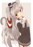  1girl absurdres amatsukaze_(kantai_collection) animal_ears border brown_dress brown_eyes brown_neckwear cat_ears cat_tail cowboy_shot dress food garter_straps gloves grey_background hair_tubes highres kafi_(cafee_kuu) kantai_collection lifebuoy_ornament long_hair neckerchief sailor_dress short_dress silver_hair smokestack_hair_ornament solo symbol_commentary tail two-tone_background two_side_up white_border white_gloves windsock 