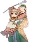  2girls :d animal_costume animal_print bell blonde_hair blue_eyes bow_(bhp) braid child d: dragon_quest dragon_quest_xi dress green_dress hands_up headband holding holding_person holding_staff jingle_bell long_hair multiple_girls one_eye_closed open_mouth senya_(dq11) simple_background smile staff tiger_costume tiger_print twin_braids veronica_(dq11) waist_cape white_background 