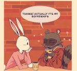  2020 anthro arm_support beastars blush clothed clothing comic cup dialogue duo ear_piercing ear_ring eden_fries english_text female fur haru_(beastars) hi_res holding_cup holding_object hoodie lagomorph leaning_on_elbow leporid mammal piercing procyonid rabbit raccoon speech_bubble text topwear 
