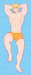  1boy abs absurdres alternate_hairstyle arms_behind_head bara blonde_hair blue_eyes blush boku_no_hero_academia boxers bulge chest dakimakura feraltintinsimp full_body highres male_focus messy_hair muscle nipples orange_male_underwear scar short_hair solo thick_thighs thighs togata_mirio underwear underwear_only 