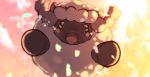  absurdres blurry commentary_request crying falling from_below gen_8_pokemon highres looking_at_viewer moti_(m0cch1m0) no_humans open_mouth pokemon pokemon:_twilight_wings pokemon_(creature) sheep solo tears tongue wooloo 