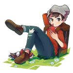  1boy bangs beanie bo9_(bo9_nc) brown_eyes brown_footwear brown_hair cable_knit closed_mouth commentary_request crossed_legs denim gen_4_pokemon grass grey_headwear hat highres holding jeans light_blush male_focus pants plaid poke_ball poke_ball_(basic) pokemon pokemon_(game) pokemon_swsh red_shirt rotom rotom_phone shirt shoes sitting sleeves_rolled_up smile solo suitcase swept_bangs torn_clothes torn_jeans torn_pants victor_(pokemon) 
