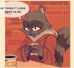  2020 anthro beastars blush clothed clothing comic cup dialogue ear_piercing ear_ring eden_fries english_text female fur hi_res holding_cup holding_object hoodie mammal piercing procyonid raccoon solo speech_bubble text topwear 