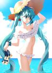  1girl ahoge aqua_eyes aqua_hair arm_up bikini blue_eyes breasts cloud collarbone commentary day frilled_bikini frills hand_on_headwear harin_0 hat hatsune_miku highres holding long_hair navel ocean outdoors sky small_breasts solo standing straw_hat sun_hat swimsuit twintails very_long_hair vocaloid wading water 