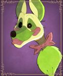  2019 ambiguous_gender animatronic bow_tie canid canine cg5 eyelashes five_nights_at_freddy&#039;s fox fur green_body green_fur green_inner_ear headshot_portrait hi_res lipstick looking_at_viewer machine makeup mammal portrait purple_background purple_cheeks robot simple_background smile solo tangle_(fnaf) video_games white_body white_eyes white_fur 