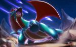  claws commentary_request fang from_below gen_3_pokemon glowing glowing_eyes kaosu_(kaosu0905) looking_back night no_humans open_mouth outdoors pokemon pokemon_(creature) purple_eyes salamence shiny sky solo star_(sky) tongue 