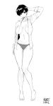  1girl absurdres arm_behind_head barefoot breasts collared_shirt commentary earrings english_commentary full_body highres jewelry knees_together_feet_apart large_breasts looking_at_viewer monochrome navel no_bra norman_maggot olive_laurentia open_clothes open_shirt original panties pixie_cut shirt solo standing stud_earrings thigh_gap toenails toes underwear 
