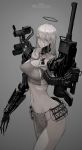  1girl absurdres albino android arm_cannon breasts grey_eyes halo highres jittsu long_hair mecha_musume mechanical_arm medium_breasts original solo weapon white_hair 