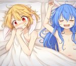  2girls animal_ears blonde_hair blue_hair bunny_ears closed_eyes commentary_request flat_chest long_hair lying multiple_girls navel neko_mata on_back on_bed pillow red_eyes ringo_(touhou) seiran_(touhou) short_hair sleeping smile sweat tears touhou under_covers wavy_mouth yuri 