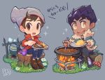  2boys bangs beanie blush bo9_(bo9_nc) brown_eyes brown_footwear brown_hair cable_knit campfire collared_shirt commentary_request cup curry dark_skin dark_skinned_male denim flower food fur-trimmed_jacket fur_trim grey_headwear hat holding holding_plate holding_spoon hop_(pokemon) jacket jeans liquid male_focus mug multiple_boys mushroom open_mouth pants plate pokemon pokemon_(game) pokemon_swsh pot red_shirt rice shirt shoes sitting sleeves_rolled_up smile sparkle spoon stirring swept_bangs teeth torn_clothes torn_jeans torn_pants translation_request tree_stump victor_(pokemon) yellow_eyes 