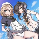  2girls 547th_sy bangs black_hair black_legwear black_neckwear blonde_hair blue_eyes blue_sailor_collar blue_sky breasts brown_eyes cloud cloudy_sky dress eyebrows_visible_through_hair gloves gradient_hair grey_hair hair_between_eyes headgear highres holding holding_clothes holding_skirt janus_(kantai_collection) kantai_collection lowleg lowleg_pantyhose multicolored_hair multiple_girls open_mouth panties panties_under_pantyhose pantyhose parted_bangs sailor_collar sailor_dress seamed_legwear shirt short_hair short_hair_with_long_locks side-seamed_legwear side-tie_panties sidelocks skirt skirt_lift sky small_breasts smile tied_shirt tokitsukaze_(kantai_collection) underwear white_dress white_gloves white_headwear white_panties 