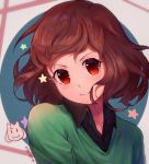  1other androgynous artist_name asriel_dreemurr black_shirt bob_cut brown_hair chara_(undertale) chinese_commentary collarbone collared_shirt da_luode film_grain green_sweater red_eyes shirt shirt_under_sweater short_hair signature simple_background smile spoilers star_(symbol) striped striped_shirt striped_sweater sweater undertale upper_body 