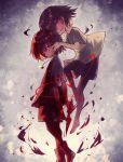  2others :d androgynous artist_name blood blood_on_face bloody_clothes bloody_hands brown_hair chara_(undertale) copyright_name empty_eyes eyebrows_visible_through_hair floating frisk_(undertale) hair_between_eyes hand_on_another&#039;s_cheek hand_on_another&#039;s_face heart heart_necklace holding holding_knife holding_weapon jewelry kasuga_haruhi knife leg_up mixed-language_commentary multiple_others necklace one_eye_closed open_mouth red_eyes shirt short_hair shorts signature smile spoilers striped striped_shirt undertale weapon 