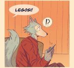  ! 2020 ?! anthro beastars canid canine canis comic dialogue eden_fries fur grey_body grey_fur hi_res holding_object holding_phone legoshi_(beastars) male mammal phone sitting solo speech_bubble unseen_character wolf 