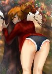  1girl absurdres against_tree alternate_costume ass autumn_leaves bent_over blue_eyes blush cardigan commentary cutoffs denim denim_shorts english_commentary fingernails flat_ass highres kneepits lips looking_back mango-nectar medium_hair misty_(pokemon) orange_hair pokemon pokemon_(anime) red_cardigan shorts side_ponytail signature solo tree 