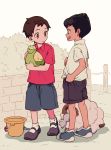  2boys black_shorts blush brown_hair budew gen_4_pokemon gen_8_pokemon holding holding_pokemon hop_(pokemon) kneepits looking_at_another male_focus multiple_boys open_mouth pokemon pokemon_(creature) pokemon_(game) pokemon_swsh shirt shoes short_hair short_sleeves shorts socks standing teeth tsuda_(tsudapm) victor_(pokemon) white_legwear white_shirt wooloo younger 