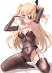  1girl @_@ animal_ears arm_behind_head armpits arms_up bae.c bare_shoulders blonde_hair blush bodystocking bow bowtie breasts bridal_gauntlets brown_legwear eyepatch fischl_(genshin_impact) garter_straps genshin_impact green_eyes hair_ornament hair_over_one_eye highres kneeling long_hair looking_at_viewer no_shoes pantyhose parted_lips simple_background single_leg_pantyhose single_thighhigh small_breasts solo thighband_pantyhose thighhighs thighs two_side_up white_background wrist_cuffs 
