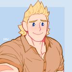  1boy bara blonde_hair blue_eyes blush boku_no_hero_academia brown_shirt chest close-up collared_shirt face feraltintinsimp highres light_smile male_focus muscle open_clothes open_shirt shirt short_hair solo togata_mirio upper_body 