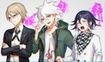  3boys answer_(l_c123) black_jacket blonde_hair blue_eyes checkered checkered_neckwear checkered_scarf collarbone collared_shirt commentary_request crossed_arms crying danganronpa danganronpa_1 dress_shirt flipped_hair glasses green_jacket hair_between_eyes hand_up hood hood_down jacket komaeda_nagito looking_at_viewer male_focus messy_hair multiple_boys new_danganronpa_v3 number open_clothes open_jacket open_mouth ouma_kokichi purple_hair saliva scarf shirt short_hair straitjacket super_danganronpa_2 tears togami_byakuya trait_connection upper_body upper_teeth white-framed_eyewear white_hair white_jacket white_shirt 