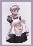  1girl absurdres apron black_dress choker dress emiliorock glasses highres lifted_by_self maid maid_apron maid_headdress original purple_choker purple_eyes short_hair short_sleeves simple_background skirt_basket solo standing white_background 