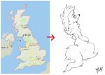  2019 ambiguous_gender anthro canid canine fluffy fluffy_tail head_tuft looking_at_viewer looking_back mammal map monochrome neck_tuft razy redraw semi-anthro simple_background sitting smile tuft united_kingdom white_background wide_hips 