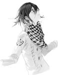  1boy bangs checkered checkered_scarf commentary_request danganronpa double-breasted greyscale hair_between_eyes highres jacket long_sleeves looking_up male_focus monochrome nalgaeeomneundwaeji new_danganronpa_v3 ouma_kokichi parted_lips scarf sketch solo upper_body 