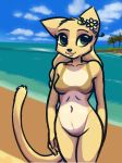  anthro beach bethesda_softworks bluedraggy bodypaint breasts cloud day detailed_background felid female fur furnut khajiit mammal navel nude outside palm_tree rajirra seaside sky smile solo standing the_elder_scrolls tree video_games water yellow_body yellow_fur 