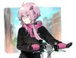  1girl bicycle black_coat blurry blurry_background building coat commentary gloves ground_vehicle hair_ornament hair_tubes hitogome hooded_coat looking_to_the_side purple_eyes purple_gloves purple_hair short_hair_with_long_locks sidelocks solo upper_body visible_air vocaloid voiceroid yuzuki_yukari 