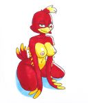  2020 anthro areola avian banjo-kazooie beak biped bird breasts breegull feathers female green_eyes hi_res kazooie kneeling looking_at_viewer loshon marker_(artwork) navel nipples nude pen_(artwork) rareware red_body simple_background smile smiling_at_viewer solo traditional_media_(artwork) video_games white_background winged_arms wings 