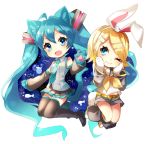  2girls :3 animal_ears aqua_eyes aqua_hair aqua_neckwear bangs bare_shoulders black_legwear black_skirt black_sleeves blonde_hair bow bunny_ears bunny_paws bunny_tail cat_ears cat_tail chibi collar commentary detached_sleeves fish full_body gloves grey_collar grey_shirt grey_shorts hair_bow hair_ornament hairclip hands_on_own_cheeks hands_on_own_face hatsune_miku kagamine_rin leg_warmers legs_up long_hair looking_at_viewer matatabi_dango miniskirt multiple_girls neckerchief necktie night night_sky one_eye_closed open_mouth paw_gloves paws pleated_skirt sailor_collar school_uniform shirt short_hair short_shorts shorts shoulder_tattoo skirt sky sleeveless sleeveless_shirt smile swept_bangs tail tattoo thighhighs twintails very_long_hair vocaloid white_bow white_shirt yellow_neckwear zettai_ryouiki 