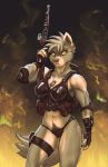  2020 abs ammo_belt anthro assault_rifle athletic athletic_anthro athletic_female backpack breasts canid canine canis cleavage clothed clothing digital_media_(artwork) dog_tags domestic_dog elbow_pads female fingerless_gloves fur gloves gun hair handwear hi_res holding_gun holding_object holding_rifle holding_weapon husky looking_at_viewer mammal marsonaut muscular muscular_anthro muscular_female navel nordic_sled_dog panties pensive pubes pubes_exposed ranged_weapon rifle skimpy soldier solo spitz standing thigh_strap topwear underwear vest warrior weapon 