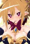  1girl bare_shoulders blonde_hair breasts cleavage demon_girl disgaea earrings eyebrows_visible_through_hair highres iwashi_dorobou_-r- jewelry looking_at_viewer makai_senki_disgaea_2 medium_breasts pointy_ears rozalin sidelocks smile solo 